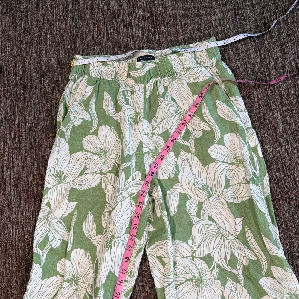 Tahari Green Leaf Print Linen Wide Leg Crop Pull On Pants Size Large - Picture 4 of 6